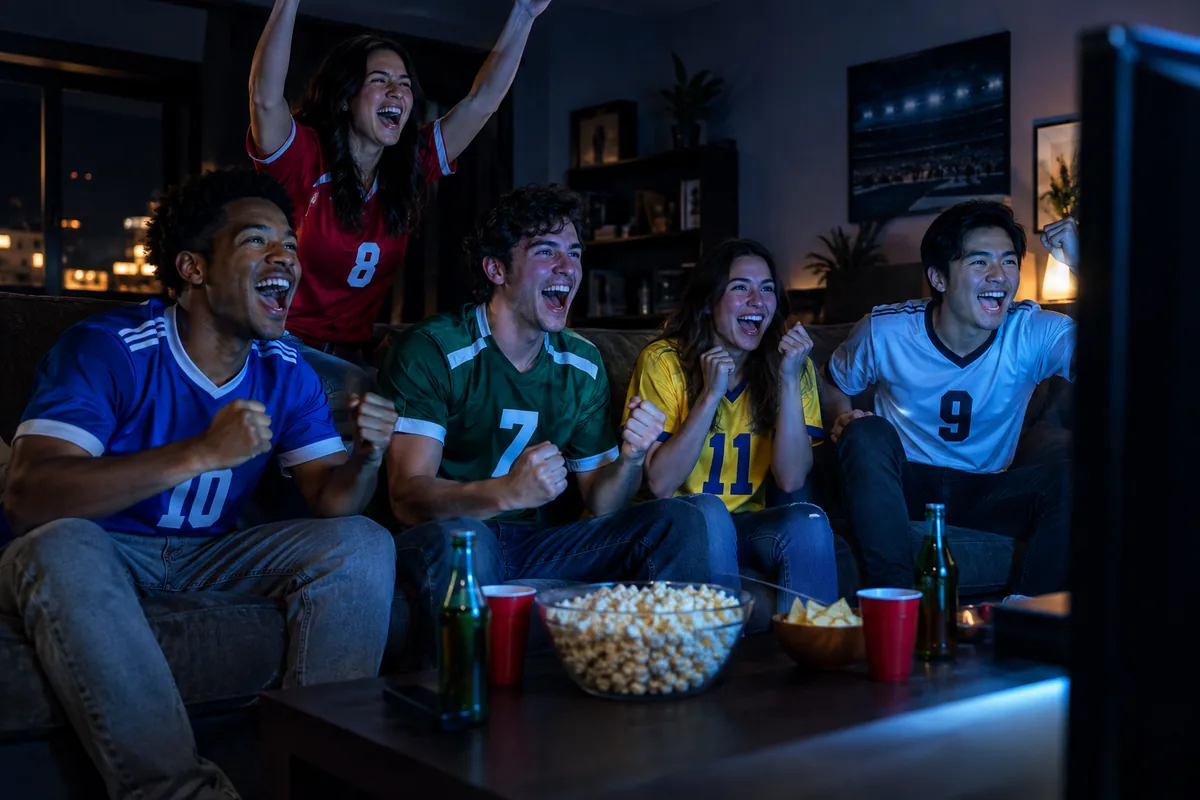 Amigos celebrando un gol frente a la televisión