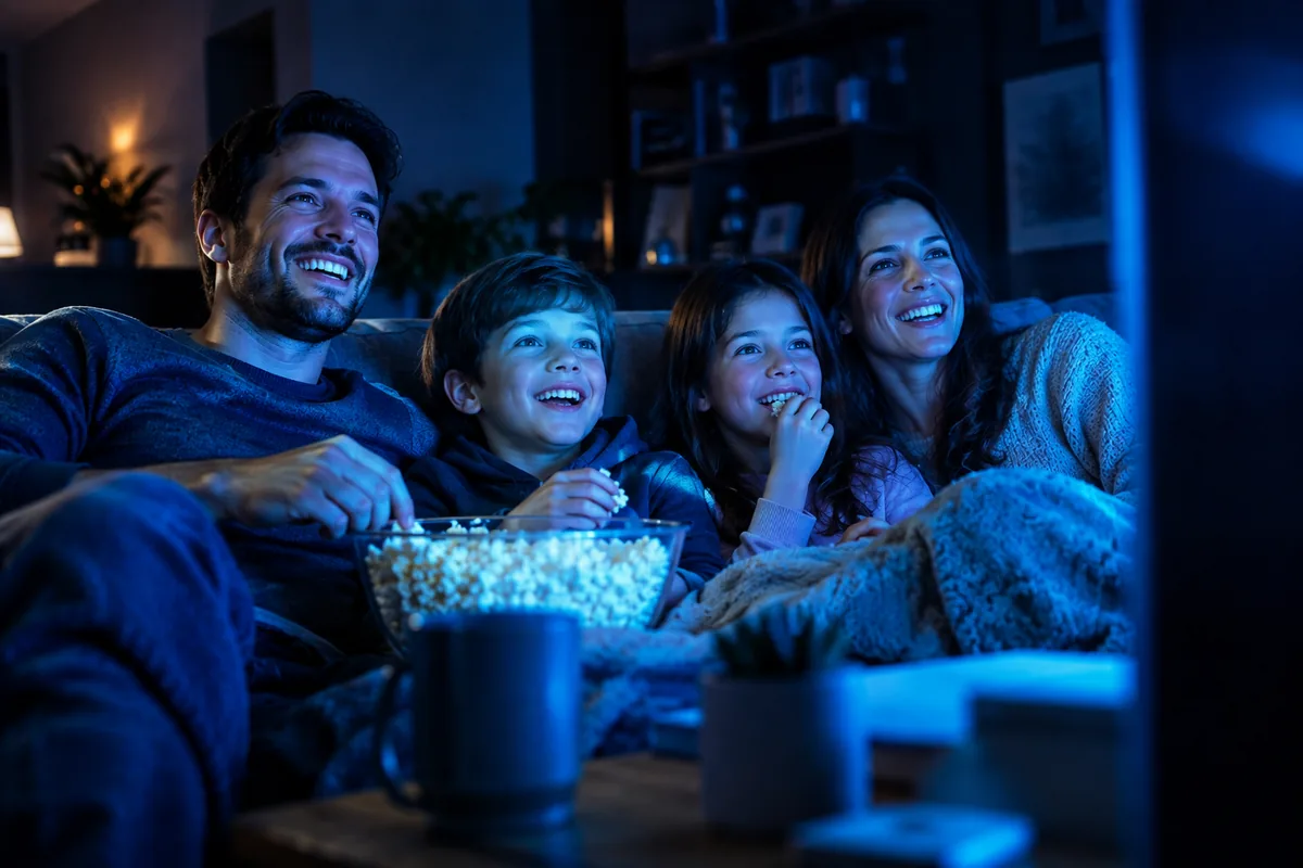 Familia disfrutando junta una noche de películas con Stella TV